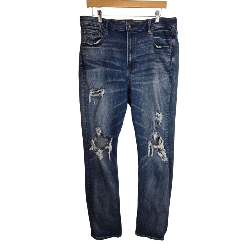 American Eagle Jeans Womans 18 Long Blue Hi Rise Slim Ripped Distressed Stretch